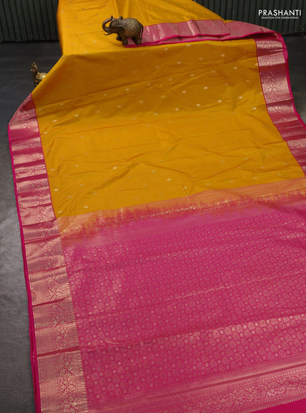 Bangalori silk saree mango yellow and pink with zari woven buttas and rich zari woven border