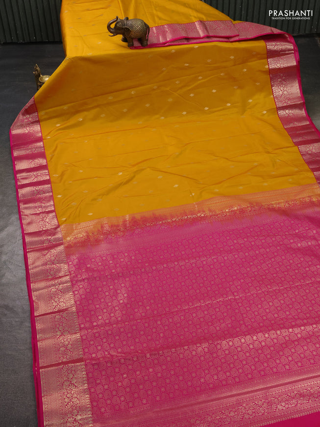 Bangalori silk saree mango yellow and pink with zari woven buttas and rich zari woven border