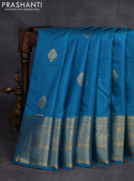 Bangalori silk saree teal blue with zari woven buttas and rich zari woven border