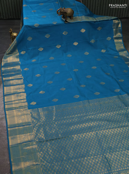 Bangalori silk saree teal blue with zari woven buttas and rich zari woven border
