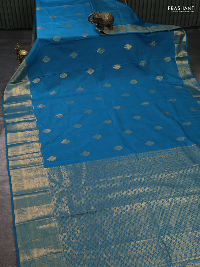 Bangalori silk saree teal blue with zari woven buttas and rich zari woven border