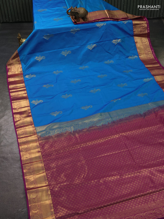 Bangalori silk saree cs blue and purple with zari woven buttas and rich zari woven border