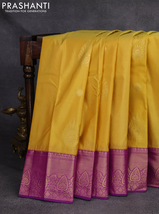 Bangalori silk saree mustard yellow and purple with zari woven buttas and rich zari woven border