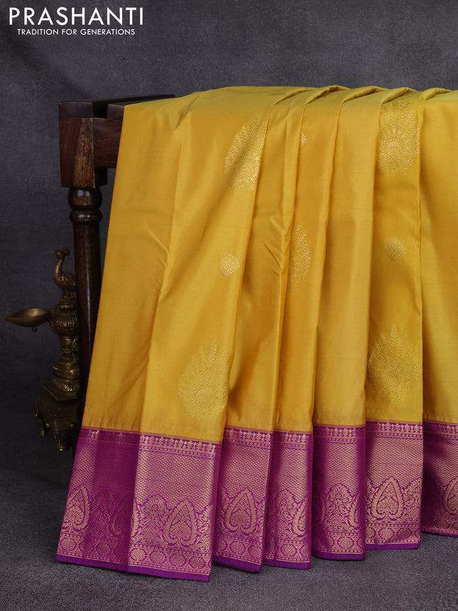 Bangalori silk saree mustard yellow and purple with zari woven buttas and rich zari woven border