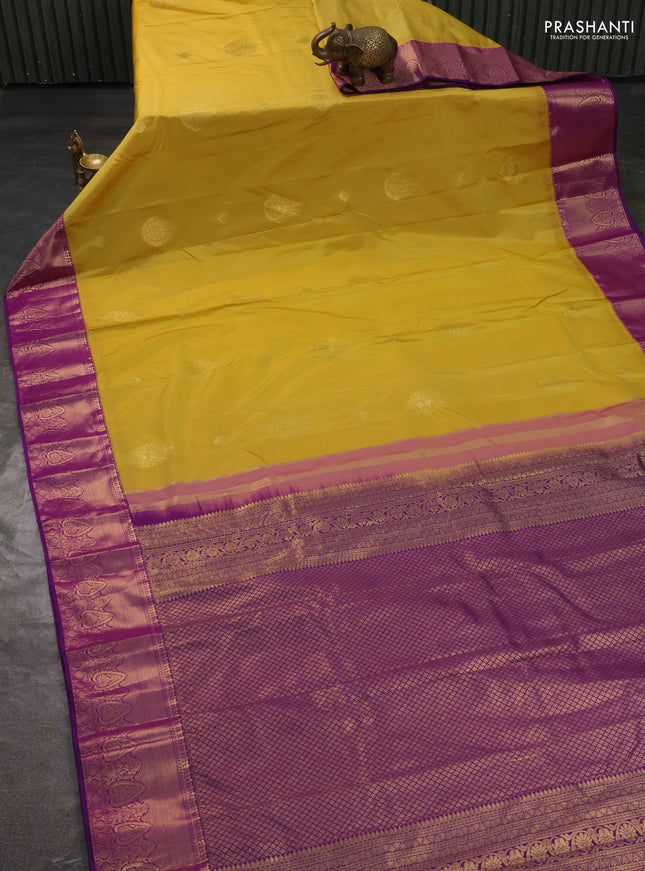 Bangalori silk saree mustard yellow and purple with zari woven buttas and rich zari woven border