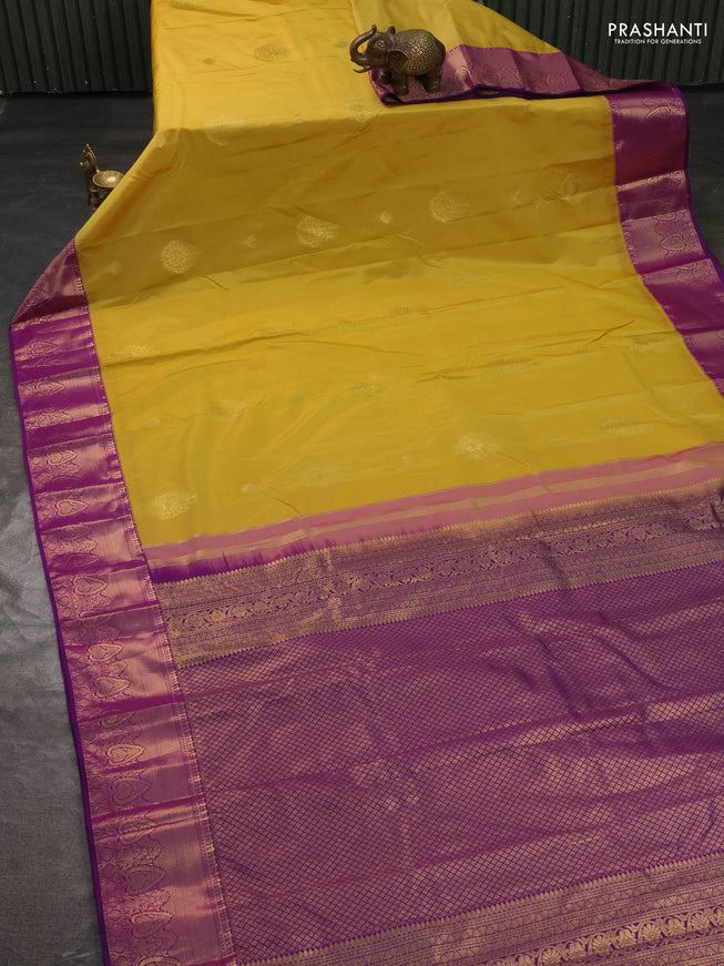 Bangalori silk saree mustard yellow and purple with zari woven buttas and rich zari woven border