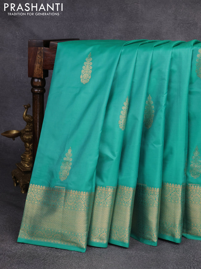 Bangalori silk saree teal green shade with zari woven buttas and rich zari woven border