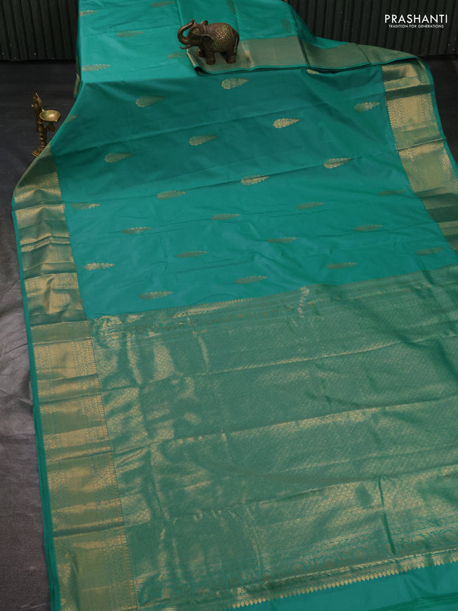 Bangalori silk saree teal green shade with zari woven buttas and rich zari woven border