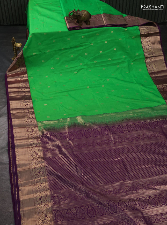 Bangalori silk saree parrot green and violet with zari woven buttas and rich zari woven border