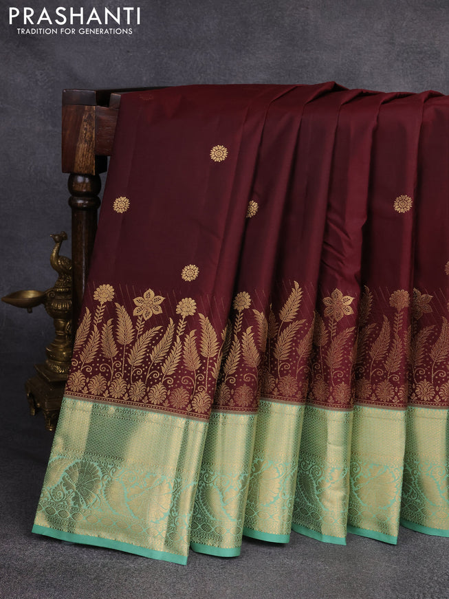Bangalori silk saree brown and pastel green with zari woven buttas and rich zari woven border