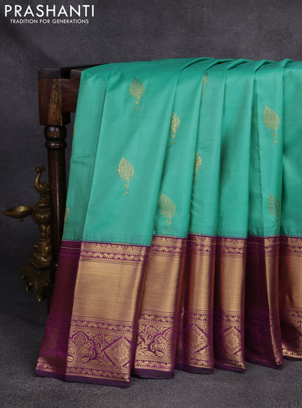 Bangalori silk saree teal green and purple with zari woven buttas and long zari woven border