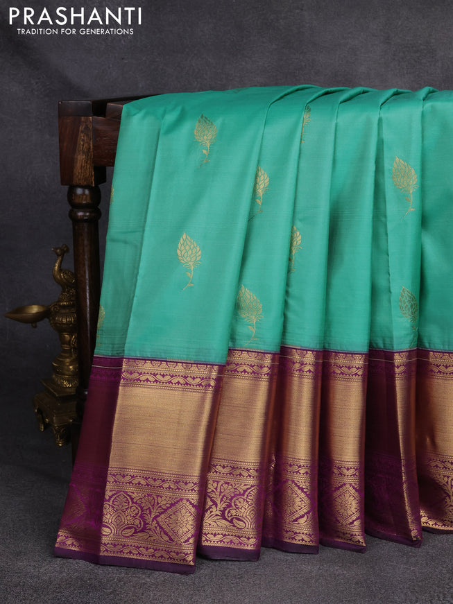 Bangalori silk saree teal green and purple with zari woven buttas and long zari woven border