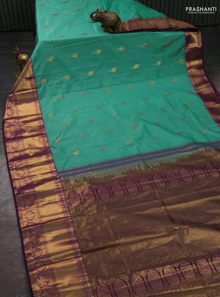 Bangalori silk saree teal green and purple with zari woven buttas and long zari woven border