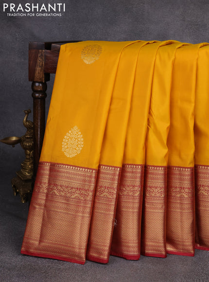 Bangalori silk saree mustard yellow and maroon with zari woven buttas and long zari woven border