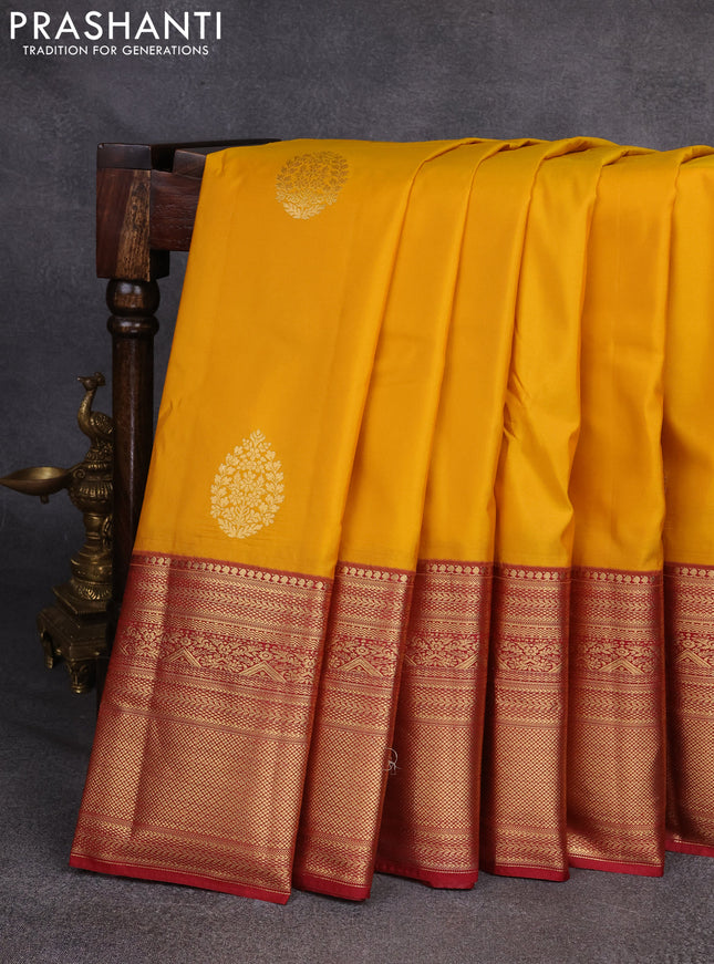 Bangalori silk saree mustard yellow and maroon with zari woven buttas and long zari woven border