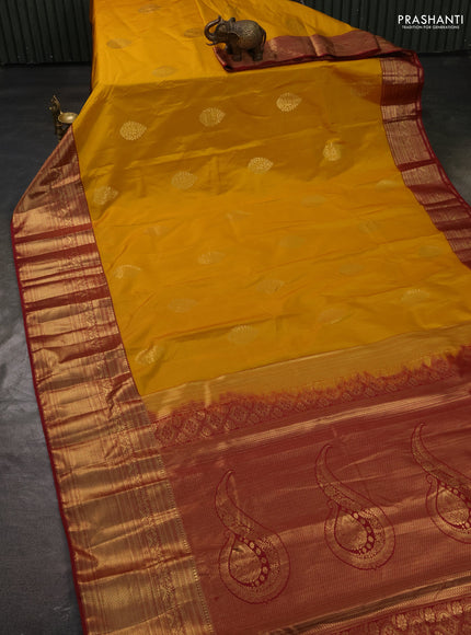 Bangalori silk saree mustard yellow and maroon with zari woven buttas and long zari woven border