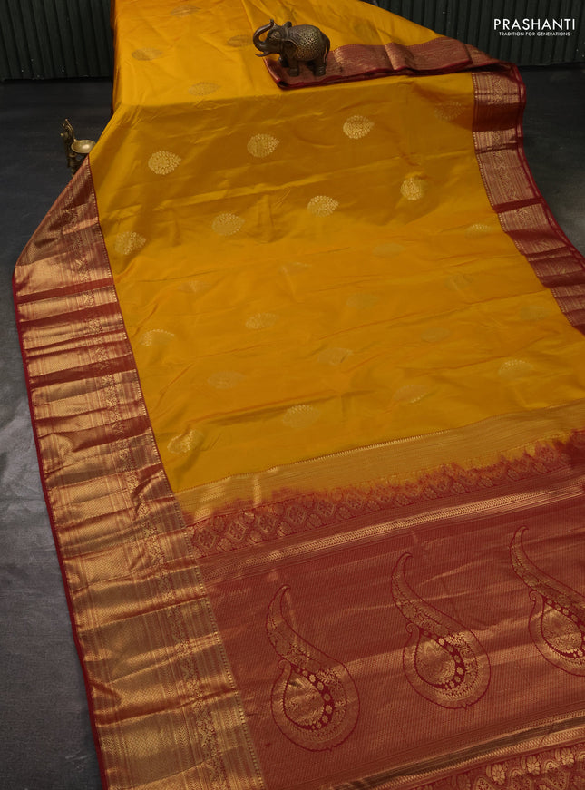 Bangalori silk saree mustard yellow and maroon with zari woven buttas and long zari woven border