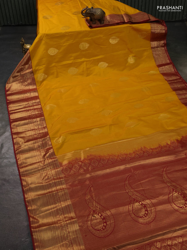 Bangalori silk saree mustard yellow and maroon with zari woven buttas and long zari woven border