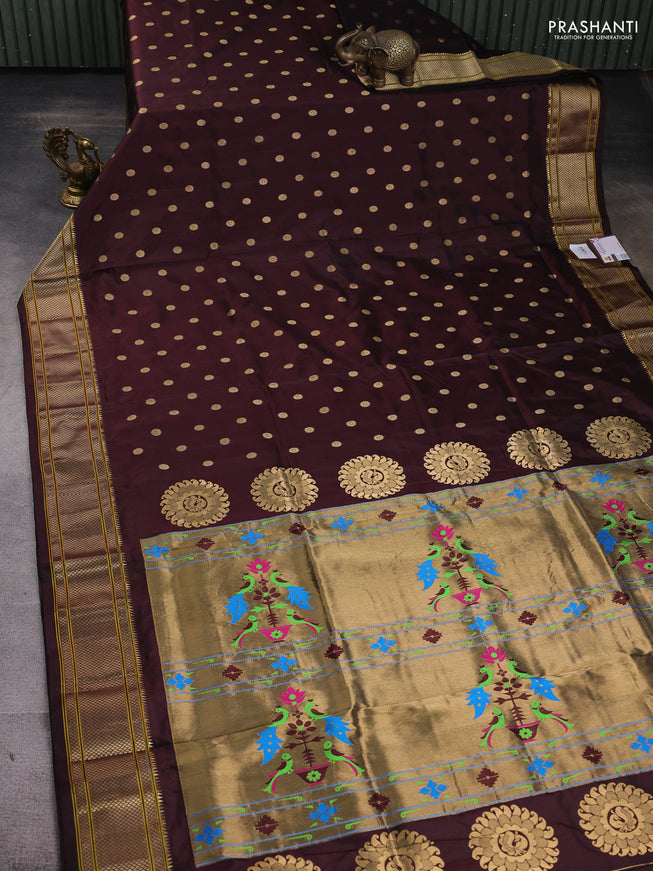Pure paithani silk saree brown with zari woven floral buttas and zari woven border