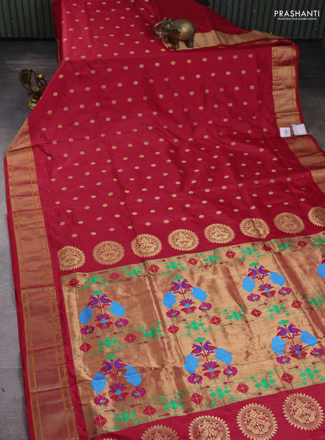 Pure paithani silk saree red with zari woven floral buttas and zari woven border