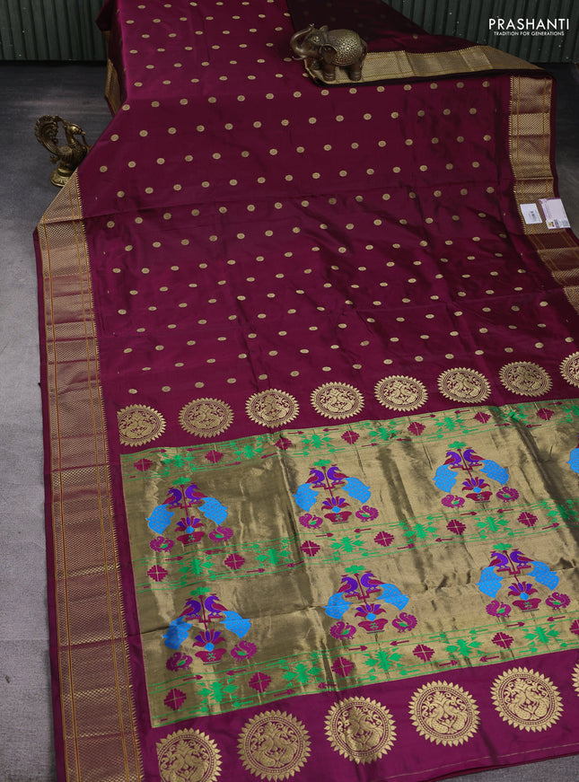 Pure paithani silk saree maroon with zari woven floral buttas and zari woven border
