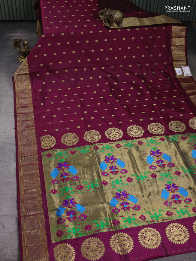 Pure paithani silk saree maroon with zari woven floral buttas and zari woven border