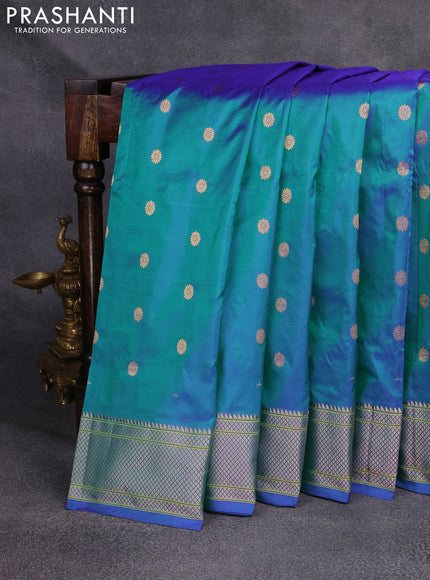 Pure paithani silk saree teal blue with zari woven floral buttas and zari woven border