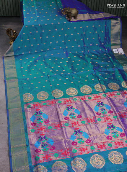 Pure paithani silk saree teal blue with zari woven floral buttas and zari woven border