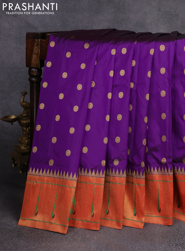 Pure paithani silk saree purple and red with zari woven floral buttas and muniya butta border