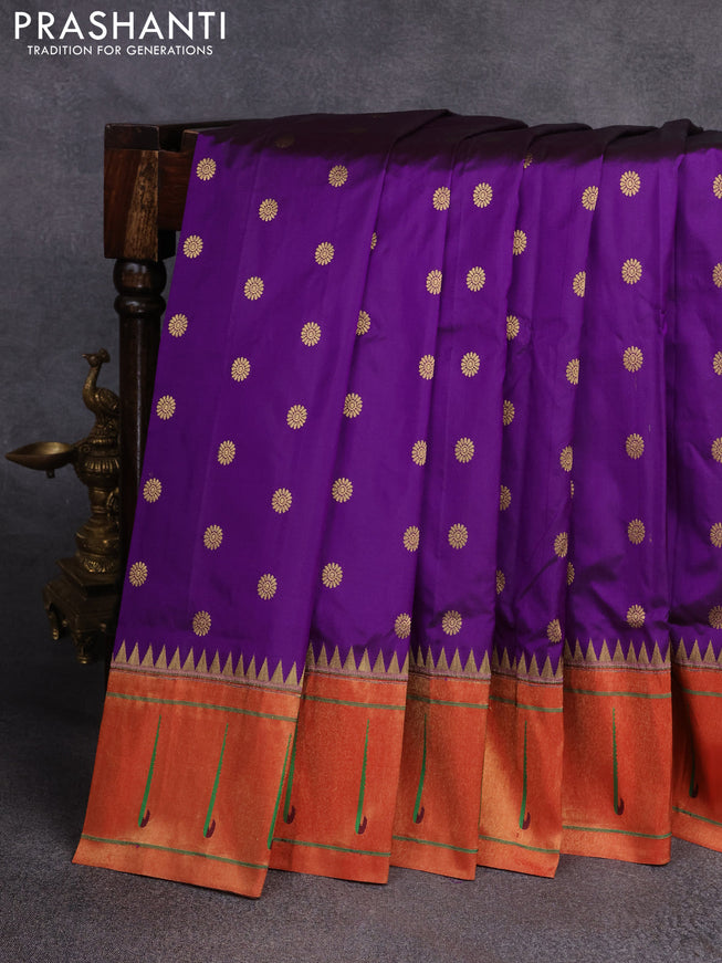 Pure paithani silk saree purple and red with zari woven floral buttas and muniya butta border
