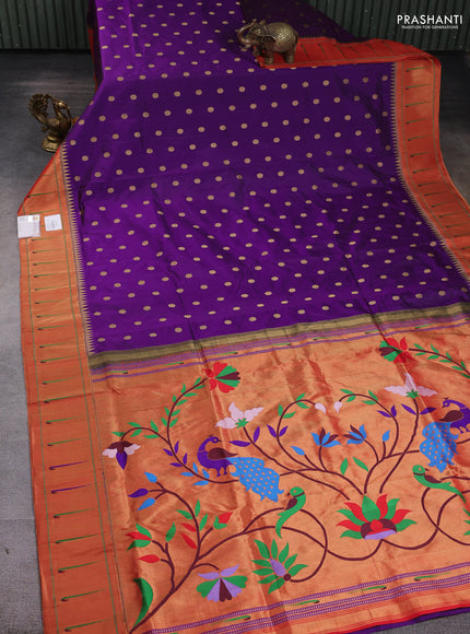Pure paithani silk saree purple and red with zari woven floral buttas and muniya butta border