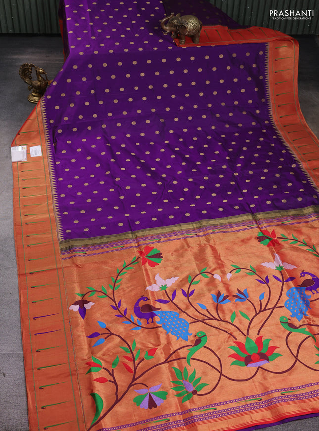 Pure paithani silk saree purple and red with zari woven floral buttas and muniya butta border