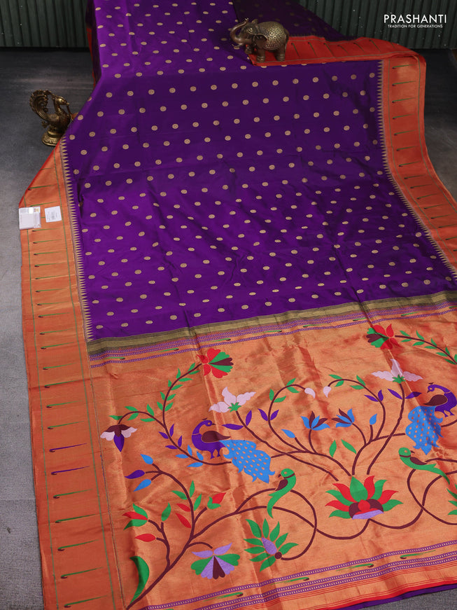 Pure paithani silk saree purple and red with zari woven floral buttas and muniya butta border