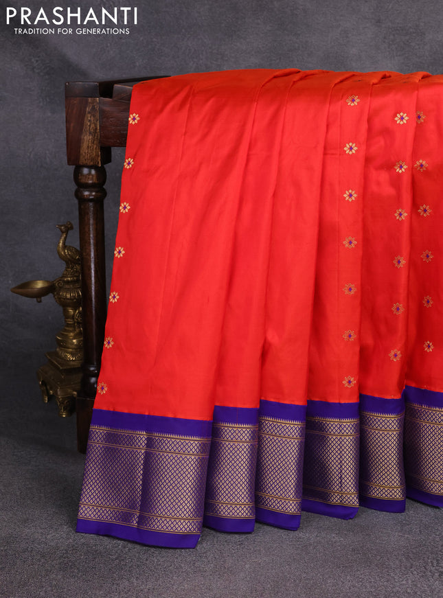 Pure paithani silk saree orange and blue with zari woven floral buttas and zari woven border