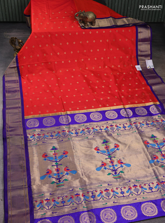 Pure paithani silk saree orange and blue with zari woven floral buttas and zari woven border