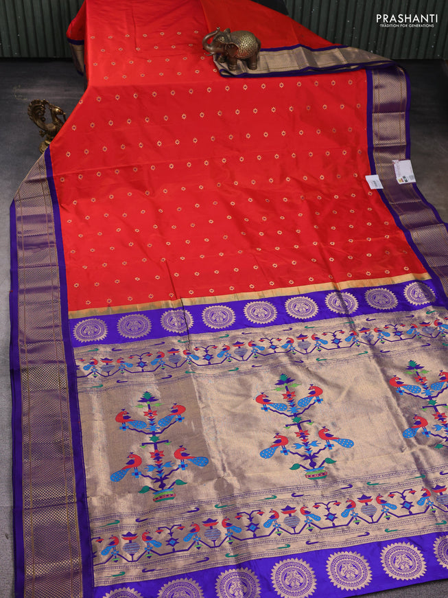 Pure paithani silk saree orange and blue with zari woven floral buttas and zari woven border