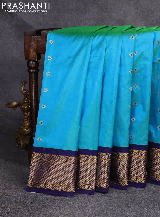 Pure paithani silk saree teal blue and blue with zari woven floral buttas and zari woven border