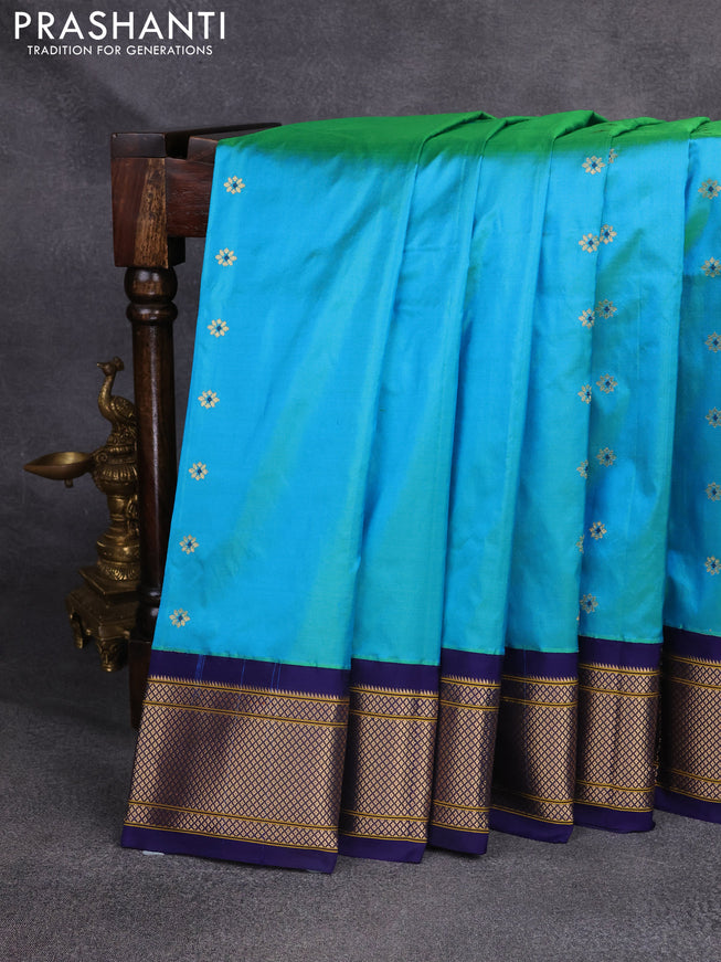 Pure paithani silk saree teal blue and blue with zari woven floral buttas and zari woven border