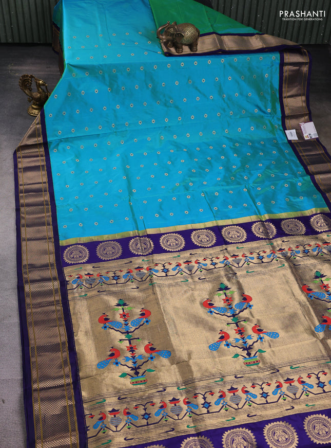 Pure paithani silk saree teal blue and blue with zari woven floral buttas and zari woven border