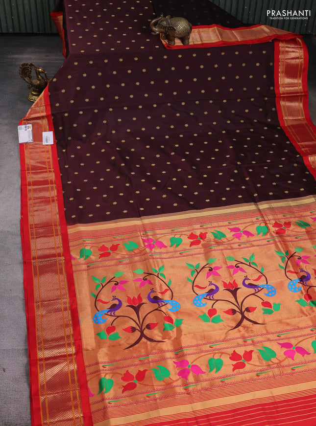 Pure paithani silk saree brown and red with zari woven floral buttas and zari woven border