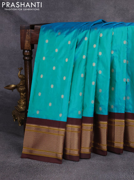 Pure paithani silk saree teal blue and coffee brown with zari woven floral buttas and zari woven border