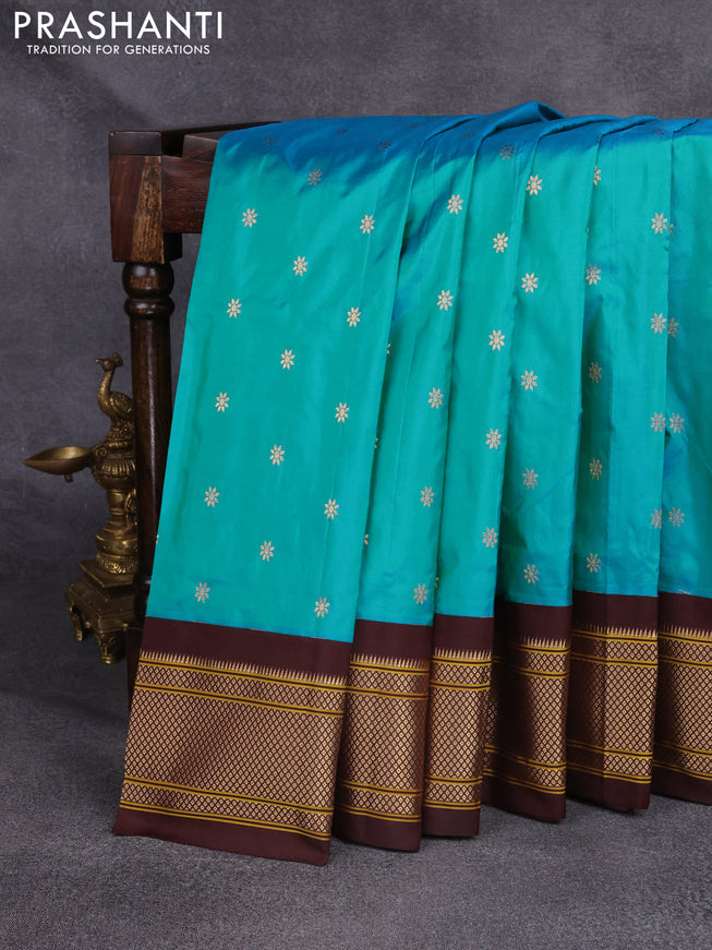 Pure paithani silk saree teal blue and coffee brown with zari woven floral buttas and zari woven border