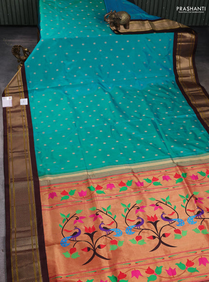 Pure paithani silk saree teal blue and coffee brown with zari woven floral buttas and zari woven border