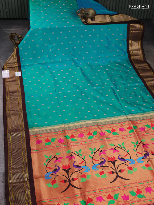 Pure paithani silk saree teal blue and coffee brown with zari woven floral buttas and zari woven border