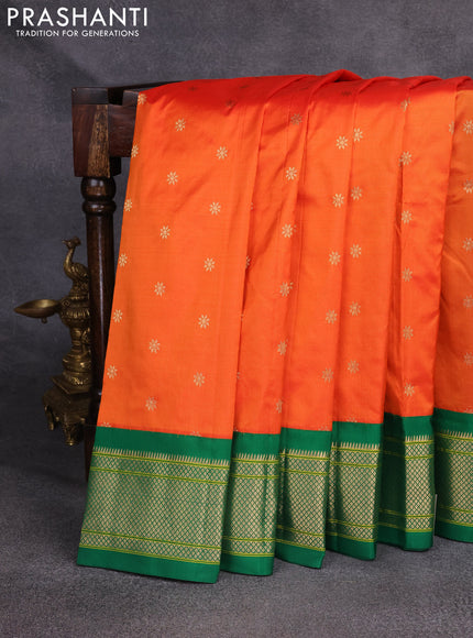 Pure paithani silk saree orange and green with zari woven floral buttas and zari woven border