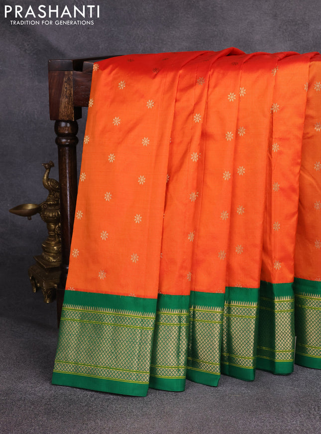 Pure paithani silk saree orange and green with zari woven floral buttas and zari woven border