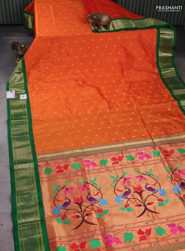 Pure paithani silk saree orange and green with zari woven floral buttas and zari woven border