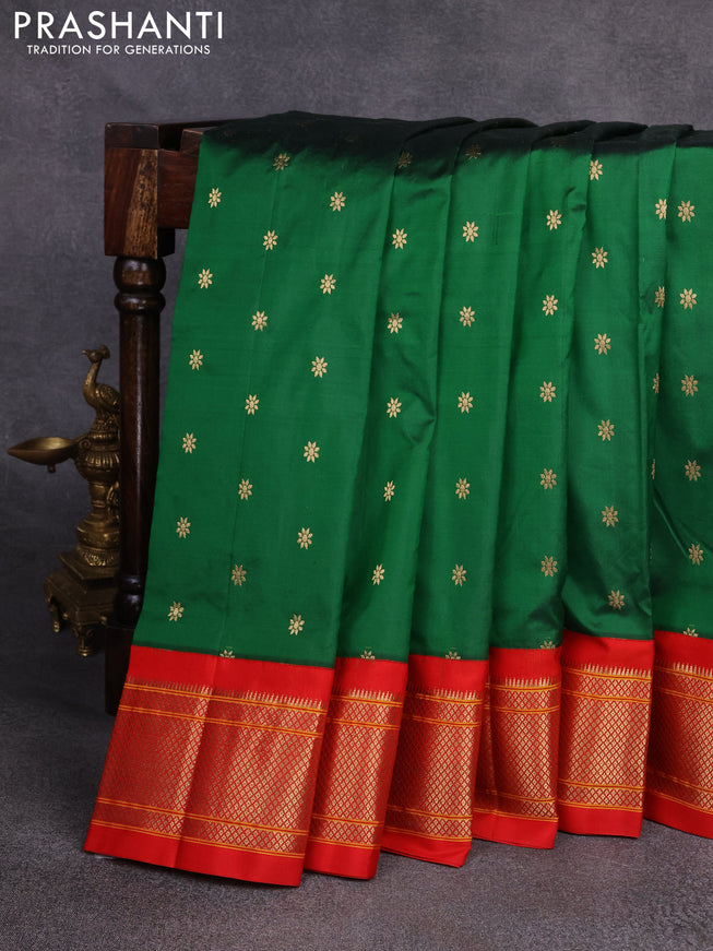 Pure paithani silk saree green and red with zari woven floral buttas and zari woven border