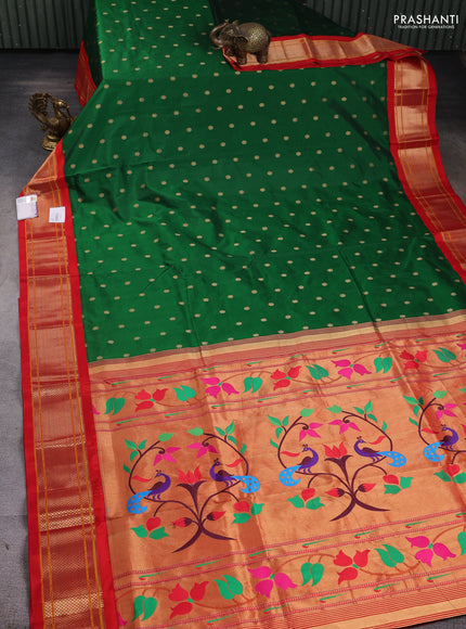 Pure paithani silk saree green and red with zari woven floral buttas and zari woven border
