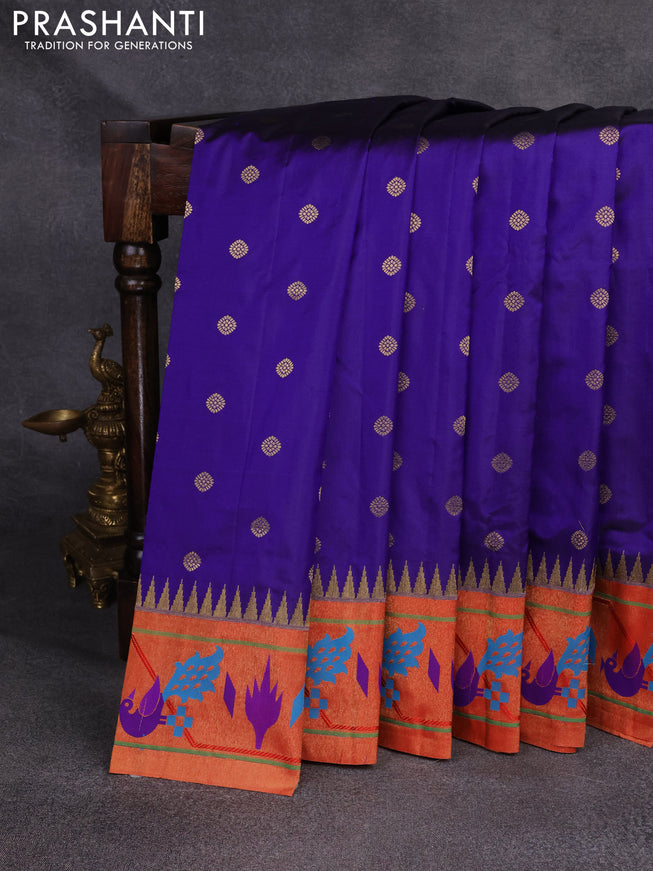 Pure paithani silk saree blue and red with zari woven buttas and zari woven paithani border